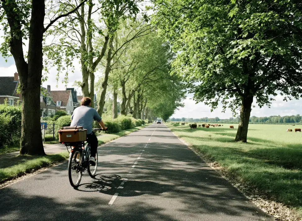 Een rustige landweg langs bomen en weilanden met koeien, een fietser in de verte