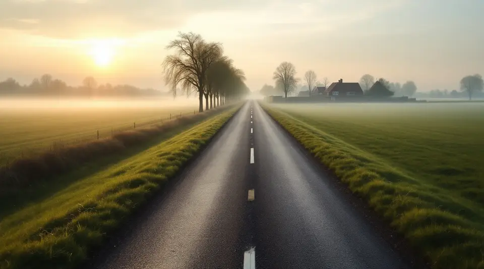 Een lange rechte weg op een dijk door een Nederlandse polder, in de ochtendmist, zonder verkeer