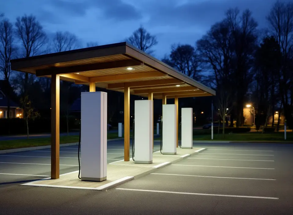 Een rij snelladers zonder merk onder een houten overkapping op een parkeerplaats langs de snelweg, bij schemer
