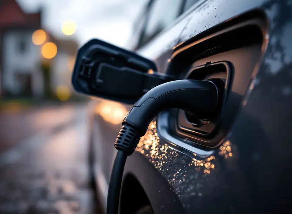 Een zwarte laadstekker in de laadklep van een donkergrijze auto, met regendruppels op de lak
