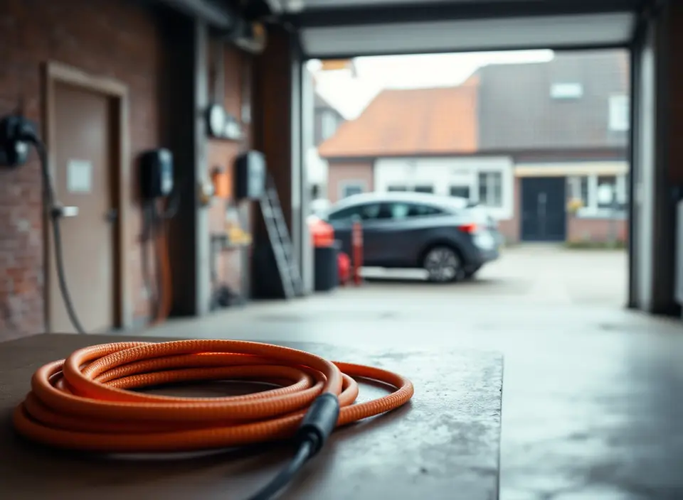 Een garage met open roldeur, een opgerolde oranje laadkabel op de werkbank en een auto onscherp buiten