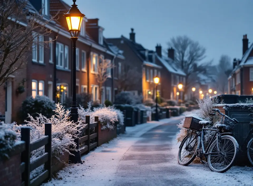 Een stille straat met bakstenen rijtjeshuizen na een nacht met vorst en een laagje sneeuw, fietsen tegen een hek